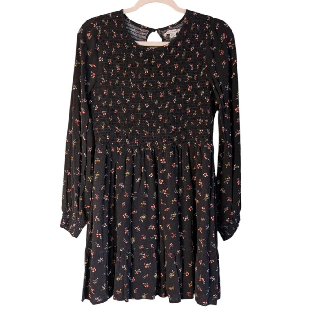American Eagle Floral Smocked Mini Dress Long Sleeve Black Size Medium Boho